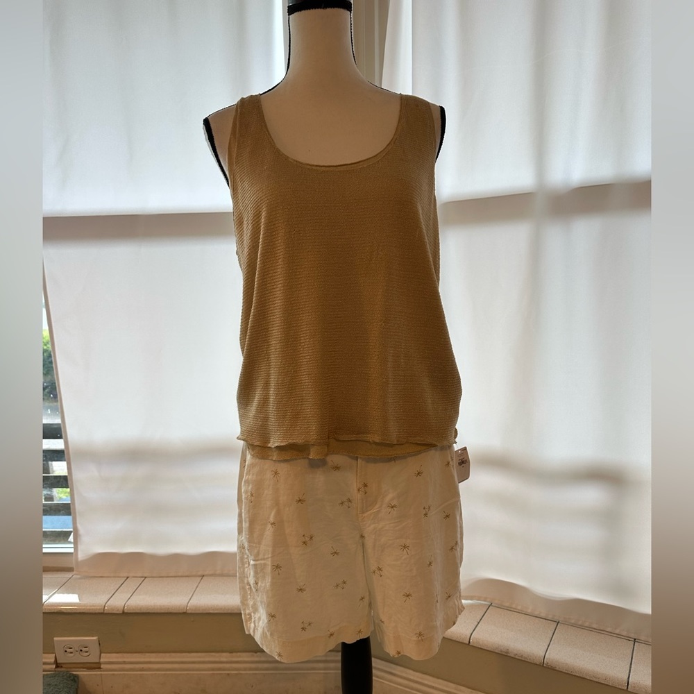 Old Navy Everyday White Linen Blend Shorts Sz 10 Gold Palm Tree Print Pockets